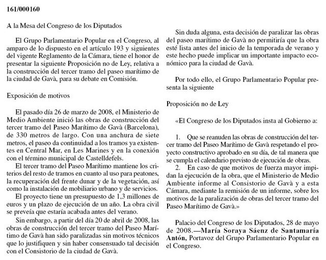 Proposici&oacute; no de Llei presentada pel PP al Congr&eacute;s dels Diputats perqu&egrave; segueixin endavant les obres del passeig mar&iacute;tim de Gav&agrave; Mar (28 de Maig de 2008)